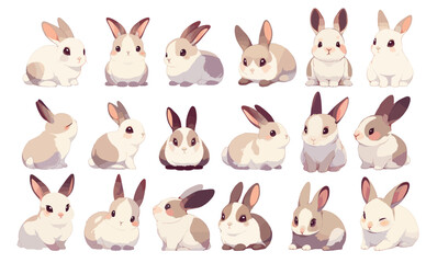 Obraz premium Cartoon bunny. Cute little pet animal sitting poses, rabbit characters spring symbol vector illustration