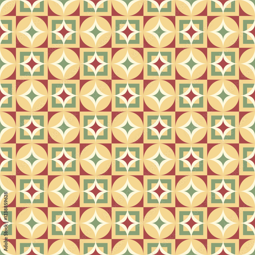 Poster seamless geometric pattern featuring a repeating design of overlapping circles, squares, and triangl