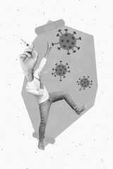 Vertical creative photo collage of headless man hand instead of head hold injector virus molecule...