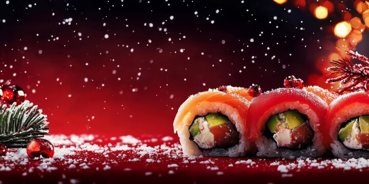 Exquisite Japanese sushi rolls presented against a festive Christmas backdrop.