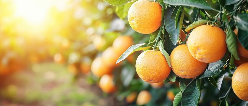 A vibrant orange orchard bathed in sunlight, showcasing ripe oranges hanging from lush green leaves.