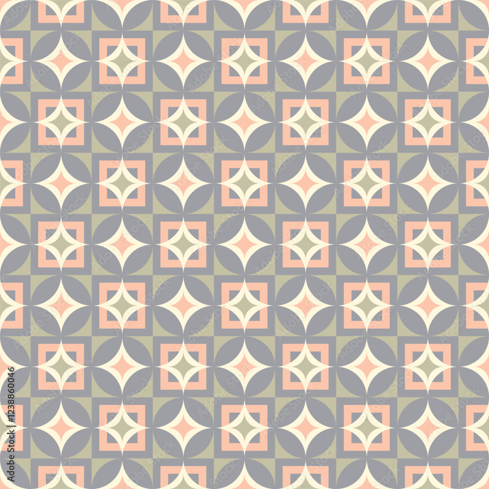 Poster seamless geometric pattern featuring a repeating design of overlapping circles, squares, and triangl