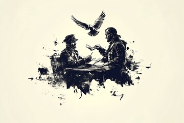 Fototapeta premium Two men sit at a table, exchanging documents. A dove flies above them, symbolizing peace and agreement, possibly a historical treaty. Ideal for Cyprus National Day