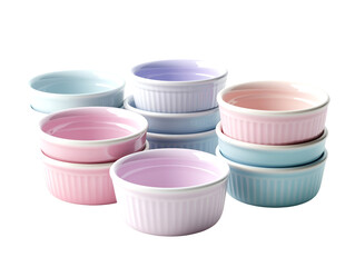Pastel-colored ramekins stacked in a neat and inviting display isolated on transparent background, PNG, cut out