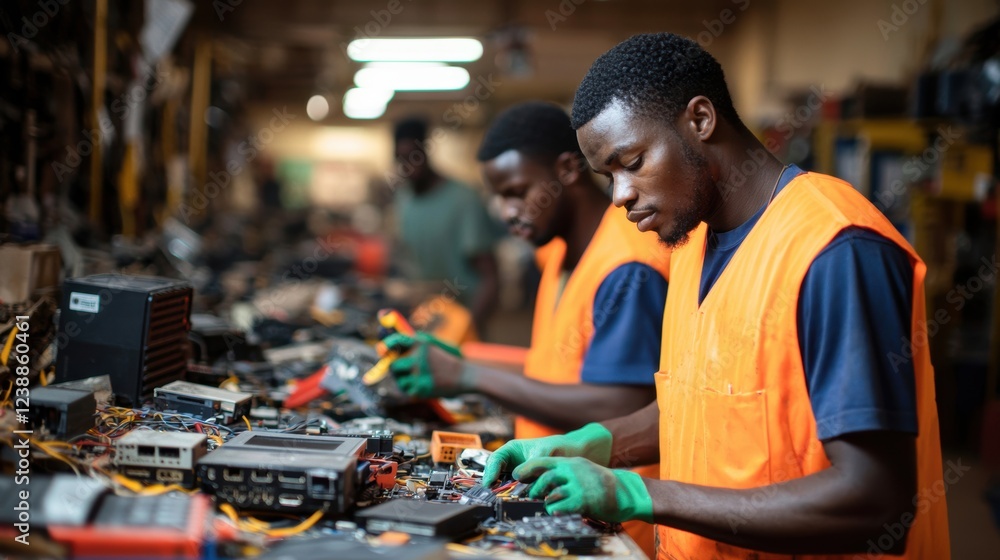 Poster workers in safety vests repair electronic devices in a busy workshop filled with tools and component