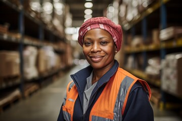 Naklejka premium Portrait of a middle aged joyful African American female warehouse worker