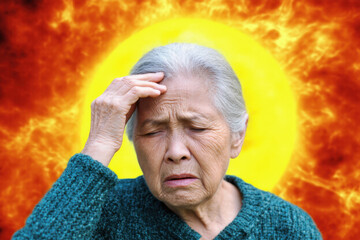 Portrait of an elderly asian woman  holding her head and wincing from a headache, against the background of a large sun with solar flares and swirls of solar radiation