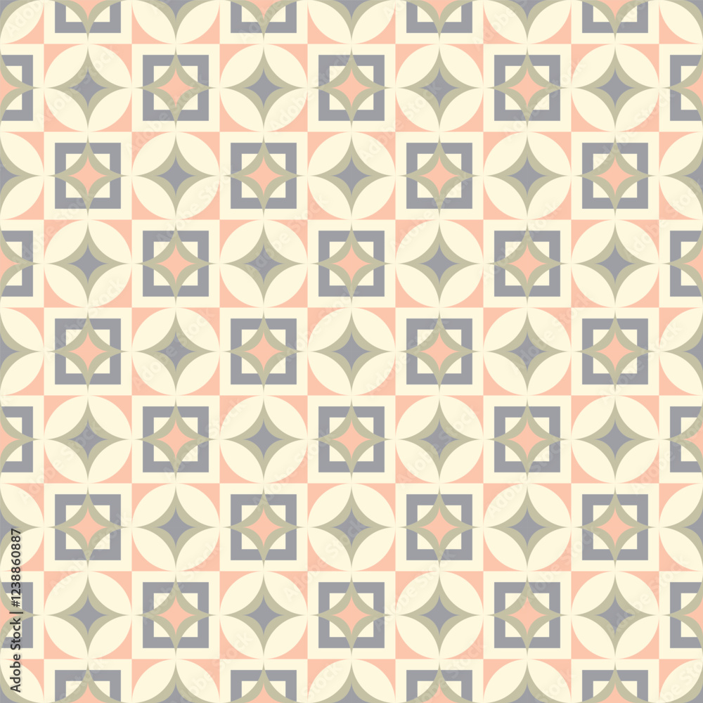 Poster seamless geometric pattern featuring a repeating design of overlapping circles, squares, and triangl