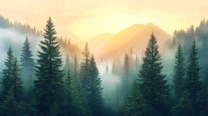 Misty Sunrise Over a Coniferous Forest in a Mountain Valley