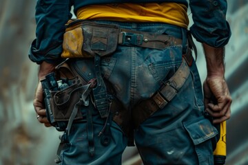 Close up of a maintenance worker with bag and tools kit