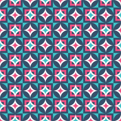 A vibrant and playful seamless pattern featuring a repeating geometric design in a cheerful color palette of pink, blue, and white