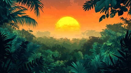 Obraz premium Tropical Jungle Sunset: Orange and Yellow Sun