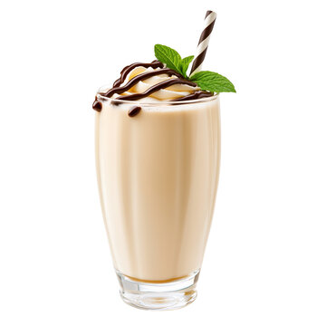 Creamy milkshake with chocolate drizzle and mint garnish.