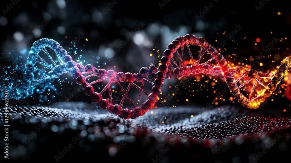 Poster Dynamic visualization of dna helix structure scientific art in a laboratory with macro view on dark background