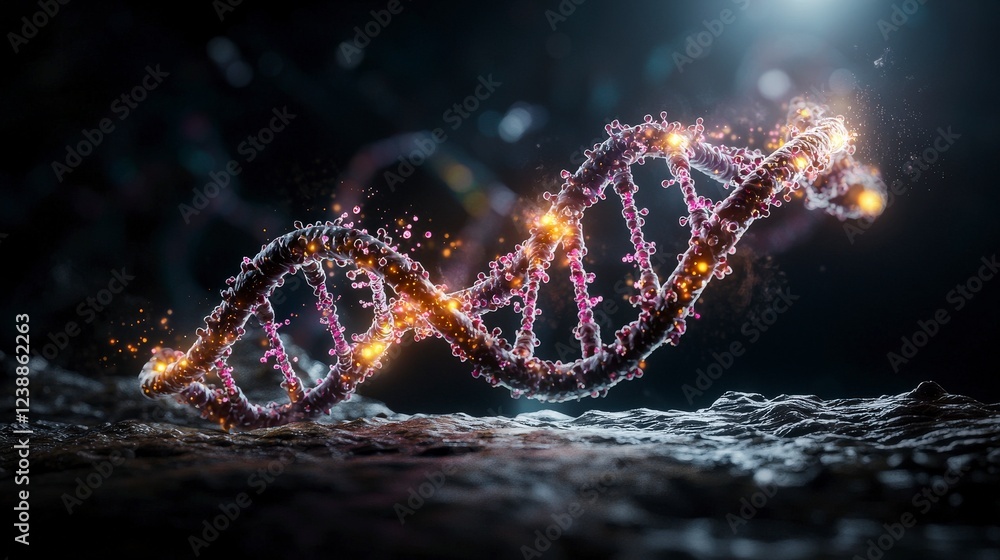 Poster Dynamic visualization of dna double helix structure lab setting scientific art dark background close-up genetics concept