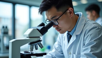 A scientist meticulously examines a sample under a microscope in a laboratory setting.