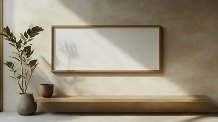 White mockup in a beige wooden frame hanging on a roomy, uncluttered wall.
