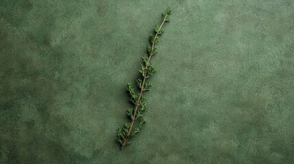 Fresh thyme sprig on green textured background for natural cooking, herbal remedies, and home decor inspiration