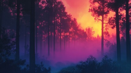 Fototapeta premium Pink And Purple Sunset In A Foggy Forest