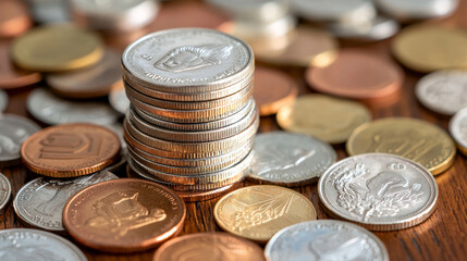 high angle macro shot of stack of coins surrounded by various currencies, showcasing their textures and colors
