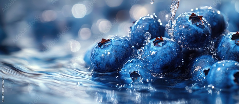 Poster fresh blueberries splashing in water with bubbles and soft focus background copy space