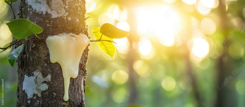 Poster latex sap dripping from a tree trunk in a sunlit forest with green leaves and blurred background cop