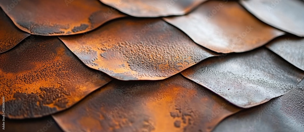 Poster close-up detail of weathered metal roof tiles showcasing rust patterns and textures with warm tones 