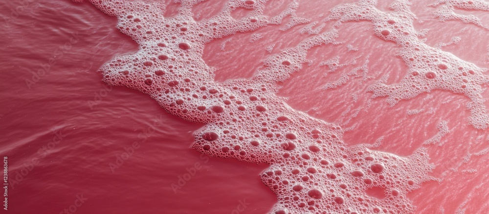 Poster pink water surface with foam bubbles creating a textured pattern and gentle waves, high angle view, 