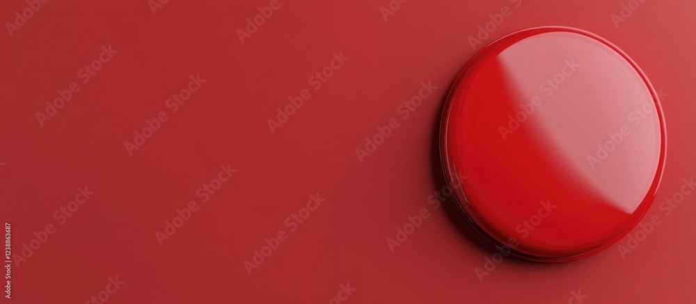 Poster red button on a smooth red surface with a glossy finish and ample copy space for text placement.