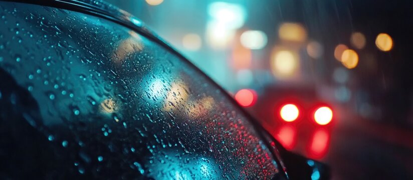 Rainy night scene with blurred city lights reflecting on wet car window glass. Soft focus on raindrops and light bokeh effect. Copy Space