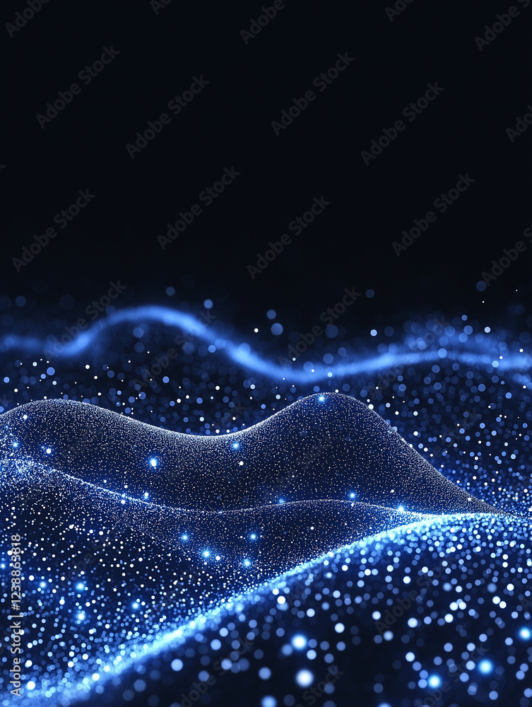 Poster blue digital wave: abstract digital art depicting a mesmerizing wave of blue particles, creating a s