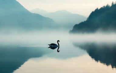 Obraz premium A professional digital photograph of a rare dark blue swan drifting across a glassy mountain lake in the early morning fog. 
