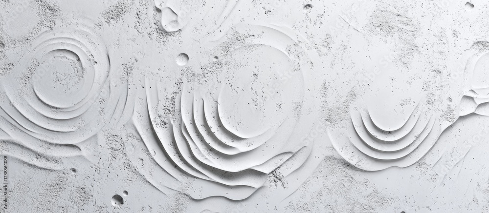 Poster white textured surface with layered circular patterns and small holes resembling abstract sand or sn
