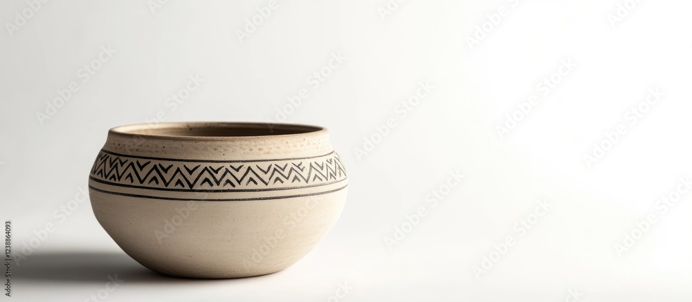 Poster ceramic pot with geometric patterns on a light background with copy space for text placement