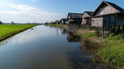 Obraz premium Tranquil river scene with traditional thai houses nakhon sawan nature photography rural landscape serene atmosphere