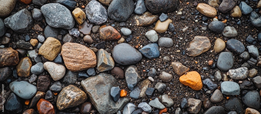 Poster colorful assortment of smooth river pebbles on wet ground with varying sizes and textures copy space
