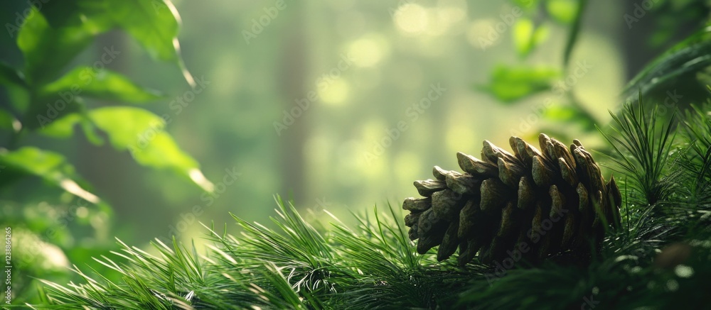 Poster pine cone on forest floor surrounded by greenery with soft focus background and natural light copy s