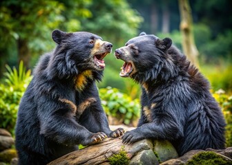Obraz premium Furious Asiatic Black Bears' Clash in the Wilderness