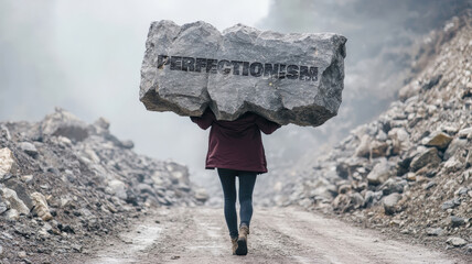 Person carrying a massive rock labeled perfectionism symbolizing the burden and pressure of high personal standards.