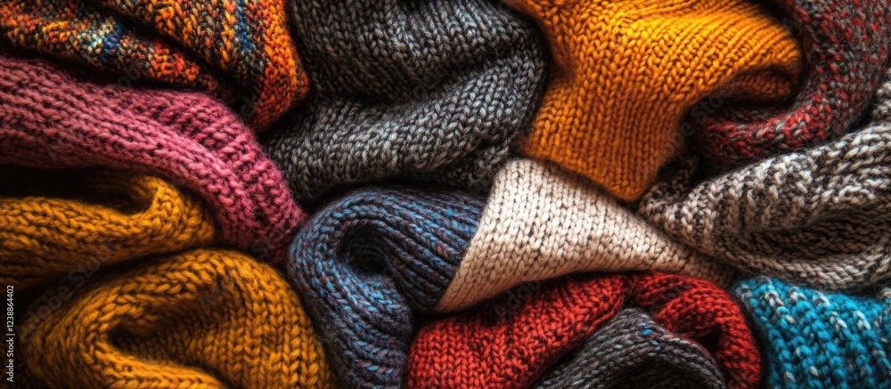 Poster Multicolored knitted sweaters arranged in a textured layered pattern with warm tones and Copy Space for text placement
