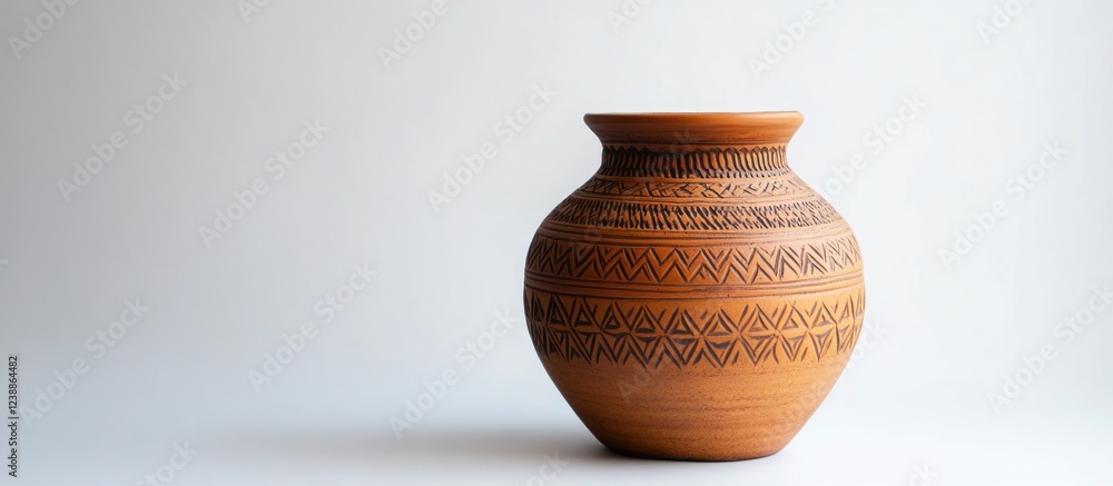 Poster decorative clay pot with intricate geometric patterns on neutral background enhancing copy space for