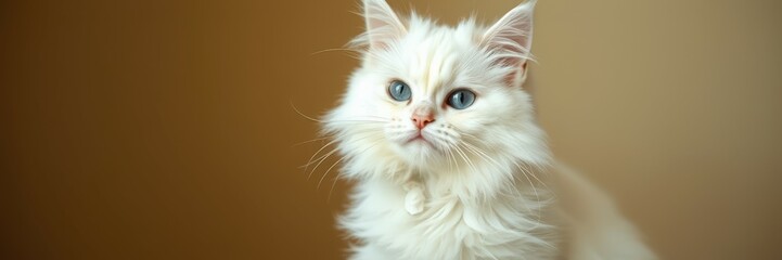 Fluffy white cat with striking blue eyes sitting gracefully against a neutral background