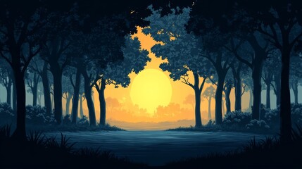Pixel Art Forest Sunset: Dark Blue Trees Frame a Yellow Sun