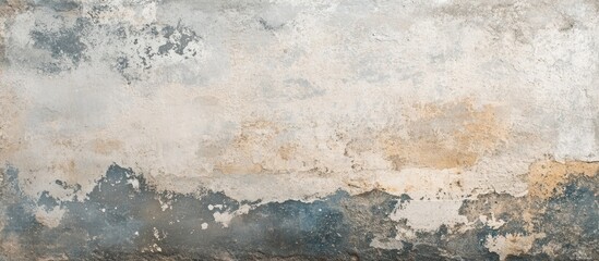 Obraz premium Textured weathered wall surface with peeling paint and color variations in gray, beige, and blue, ideal for backgrounds, with Copy Space.