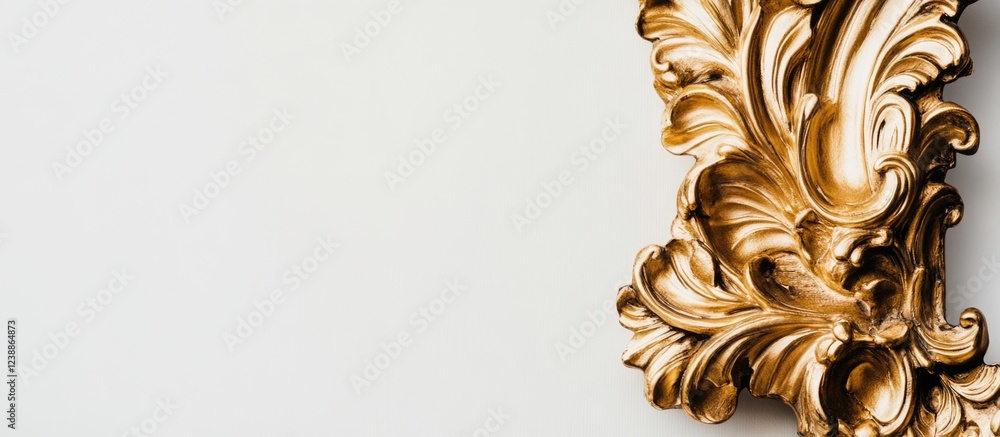 Poster golden ornate picture frame with intricate details against a plain wall background featuring ample c