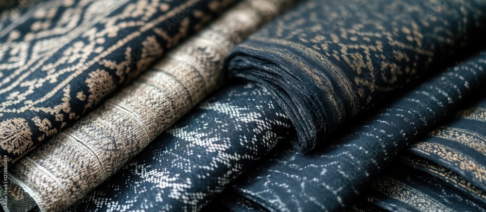 Aufkleber textile rolls with intricate patterns in gold and black colors stacked neatly on a flat surface copy