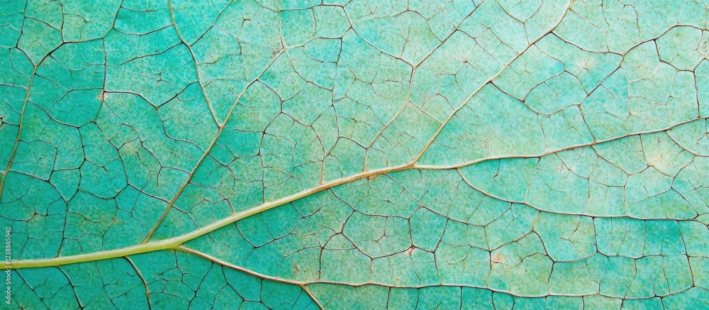 Poster close-up of a textured turquoise leaf with visible veins and cracks, featuring natural patterns and 