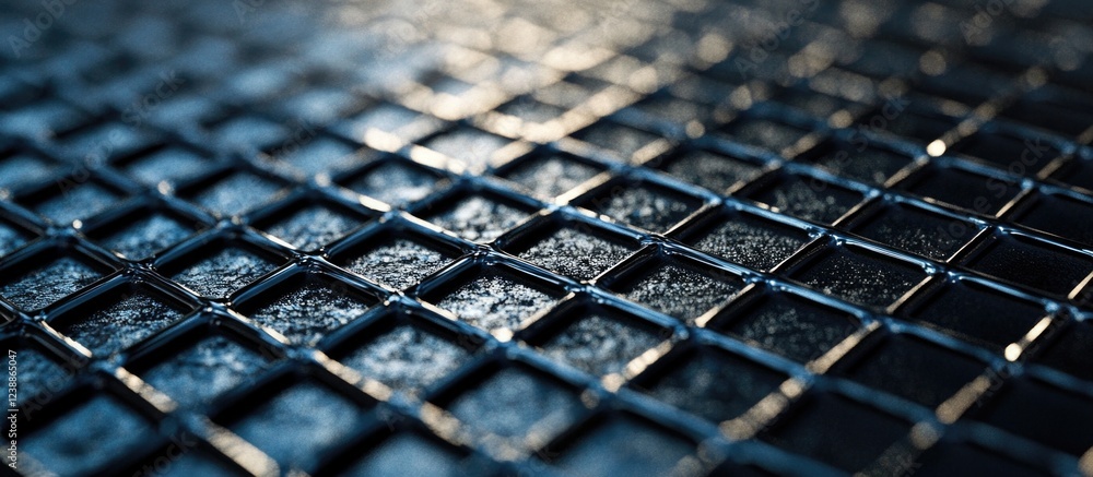Poster metal grid texture with reflections and highlights featuring a close-up view of interwoven square pa