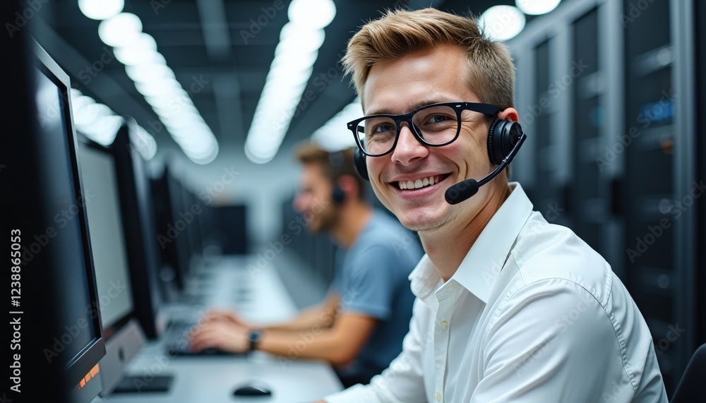 Poster smiling customer service representative wearing a headset and glasses, assisting clients at a comput