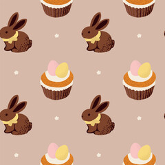 Easter pattern with colorful eggs, bunnies and festive elements. Perfect for Easter holidays, decorations, cards and holiday prints.